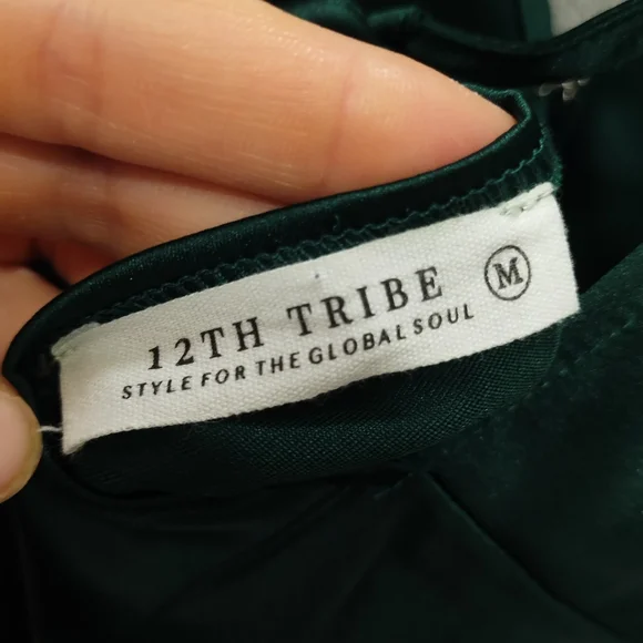 12th Tribe Green Satin Ruffle Maxi Dress High Slit-Medium - Picture 10 of 15